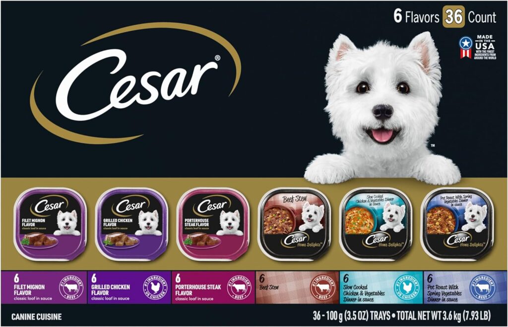CESAR HOME DELIGHTS Adult Wet Dog Food  Classic Loaf in Sauce Variety Pack, 3.5 oz. Easy Peel Trays, Pack of 36
