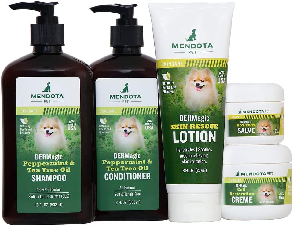 System Skin Condition Kit for Pets - Peppermint  Tea Tree Oil Shampoo, Conditioner, Skin Rescue Lotion, Hot Spot Salve, Cell Restoration Creme