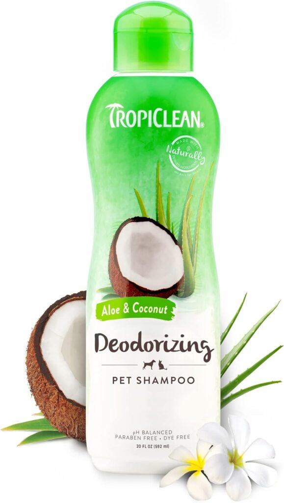 TropiClean Aloe  Coconut Deodorizing Dog Shampoo for Smelly Dogs | Odor Control Shampoo for Stinky Dogs | Natural Pet Shampoo Derived from Natural Ingredients | Cat Friendly | Made in the USA | 20 oz